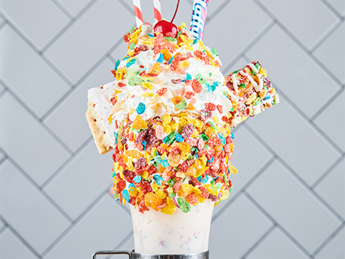 Close up view of the Bam Bam Shake, one of the many CrazyShakes® served at our milkshake bar near Broadway, New York City.