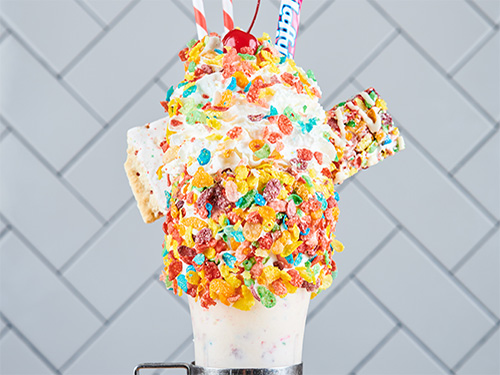 Close up view of the Bam Bam Shake, one of the many CrazyShakes® served at our milkshake bar near Garment District, New York City.