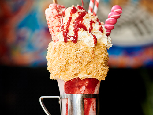 Close up view of the Strawberry Shortcake, one of our shakes near Turtle Bay, NYC.