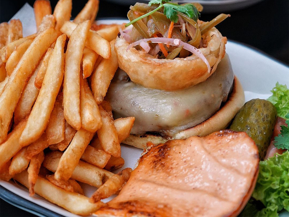 The Mexico City Burger with French Fries for hamburger delivery near East Village, NYC.