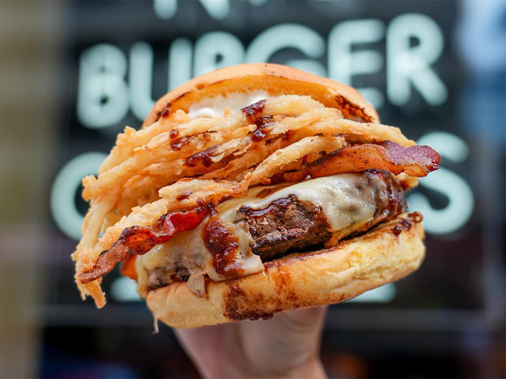 The Wagyu Steakhouse Burger prepared for hamburger delivery near Bridgestone Arena, Nashville.