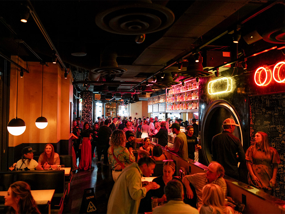 View of bar and dining room at our holiday party venue near Batman Building, Nashville, TN.