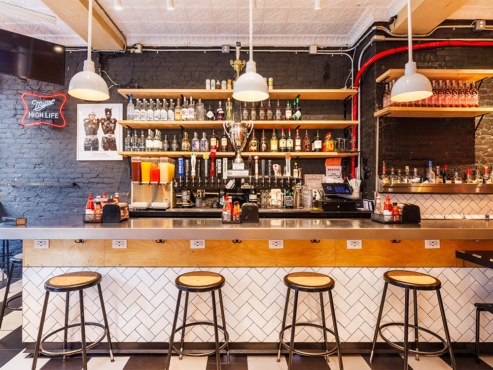 Front view of bar at our holiday celebration space near Bowery, New York City.