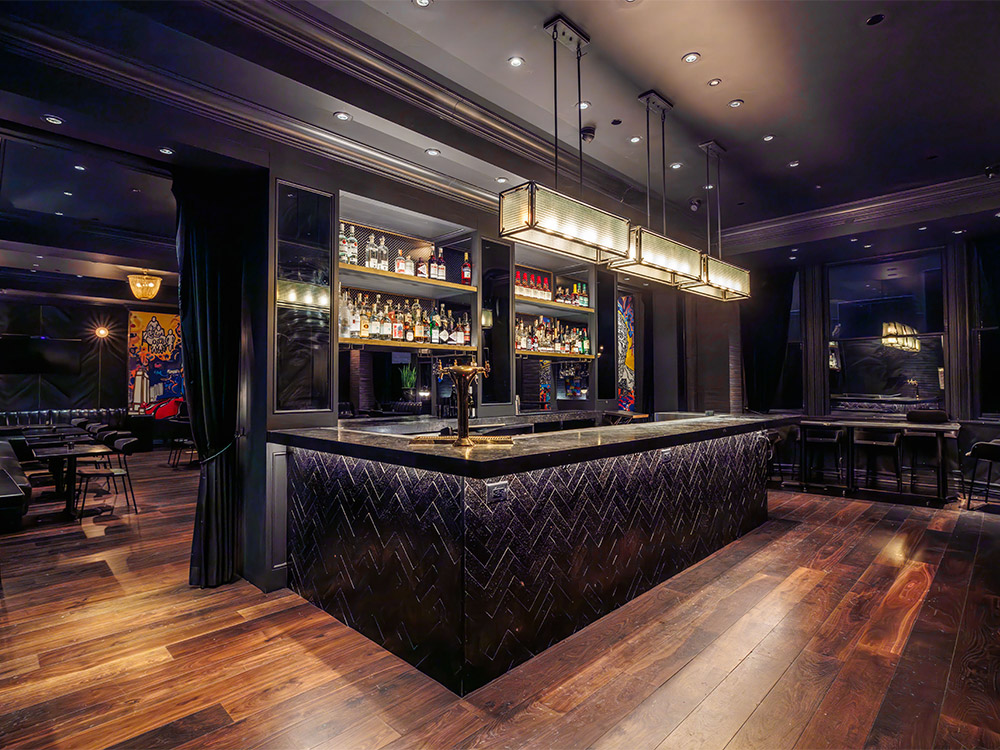 View of bar and dining room at our holiday party venue near Flatiron District, New York City.