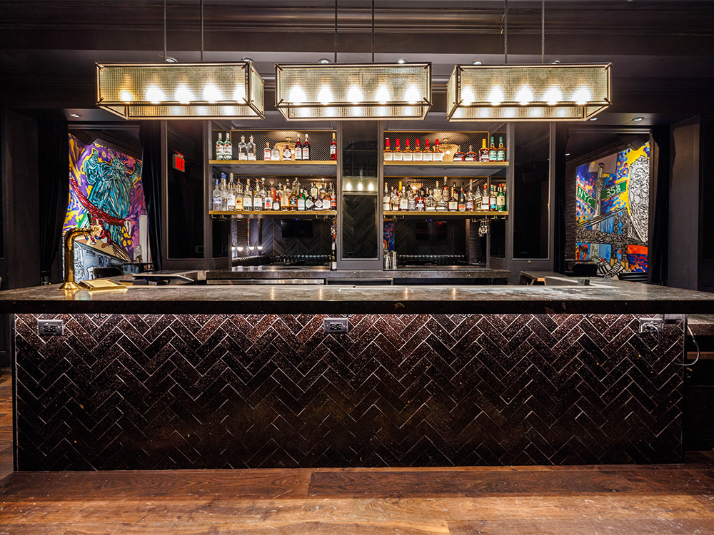 Front view of bar at our holiday celebration space near Midtown West, NYC.