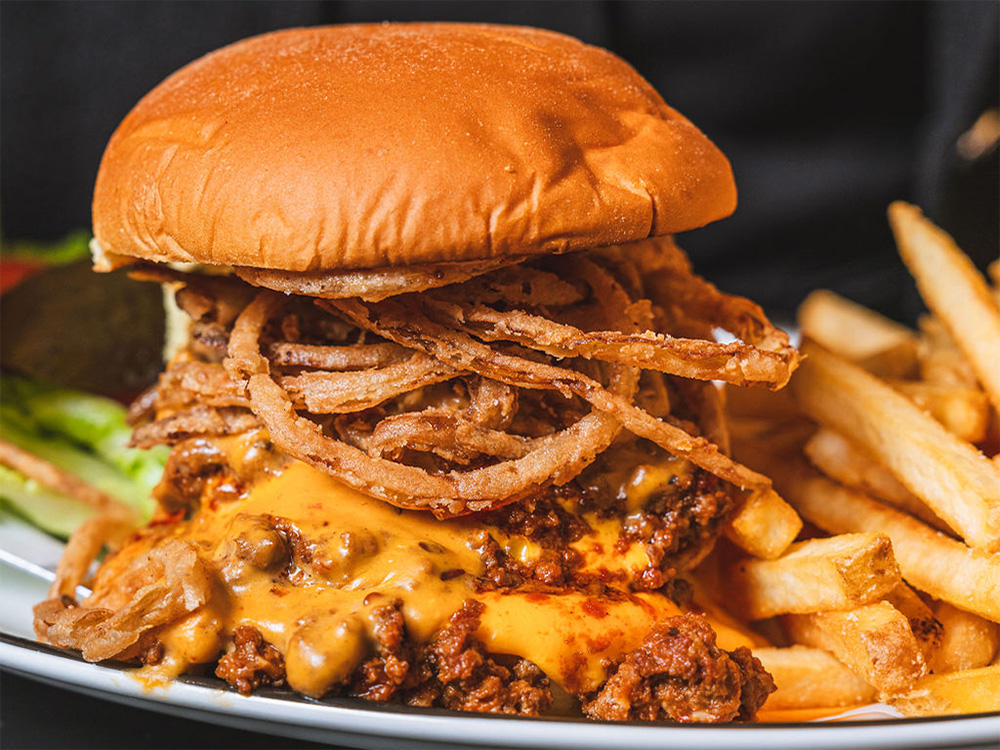 A cheeseburger at our burger house near Bow, London, UK.